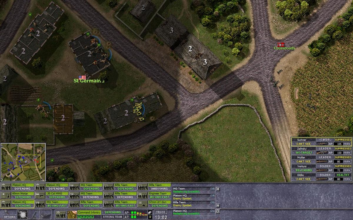 Close Combat: The Longest Day (Windows) screenshot: During a night time battle, German soldiers momentarily find themselves caught in the glow of an American paratroopers flare.