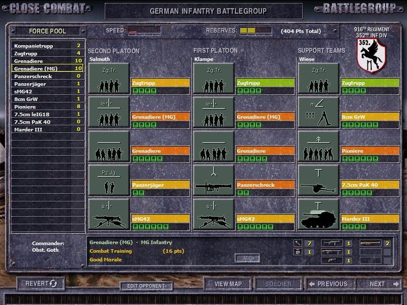 Close Combat: The Longest Day (Windows) screenshot: German Battle Group Unit Selection Screen