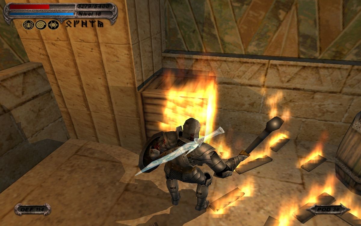 Blade of Darkness (Windows) screenshot: Torches can be used to put crates on fire