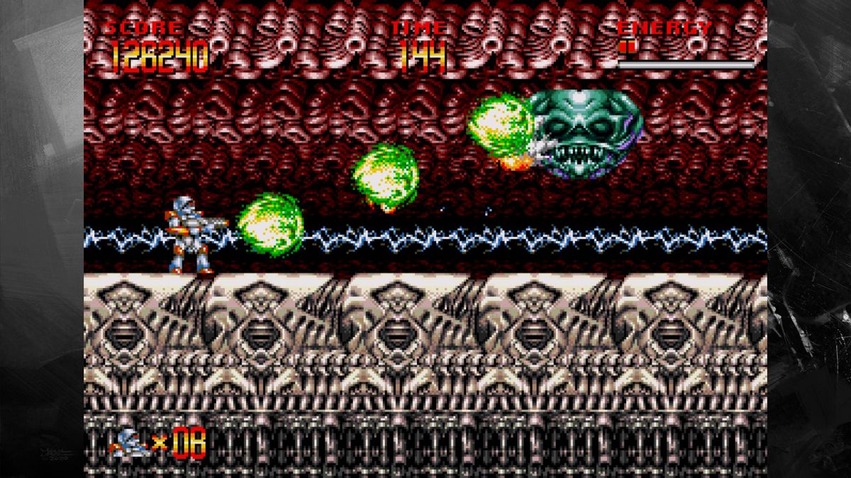 Turrican Flashback (Nintendo Switch) screenshot: Mega Turrican: On top of a speeding train