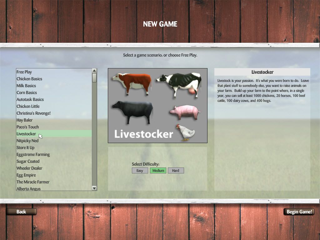 John Deere: North American Farmer (Windows) screenshot: You can select different scenarios to play, each one with a different proposal and tasks