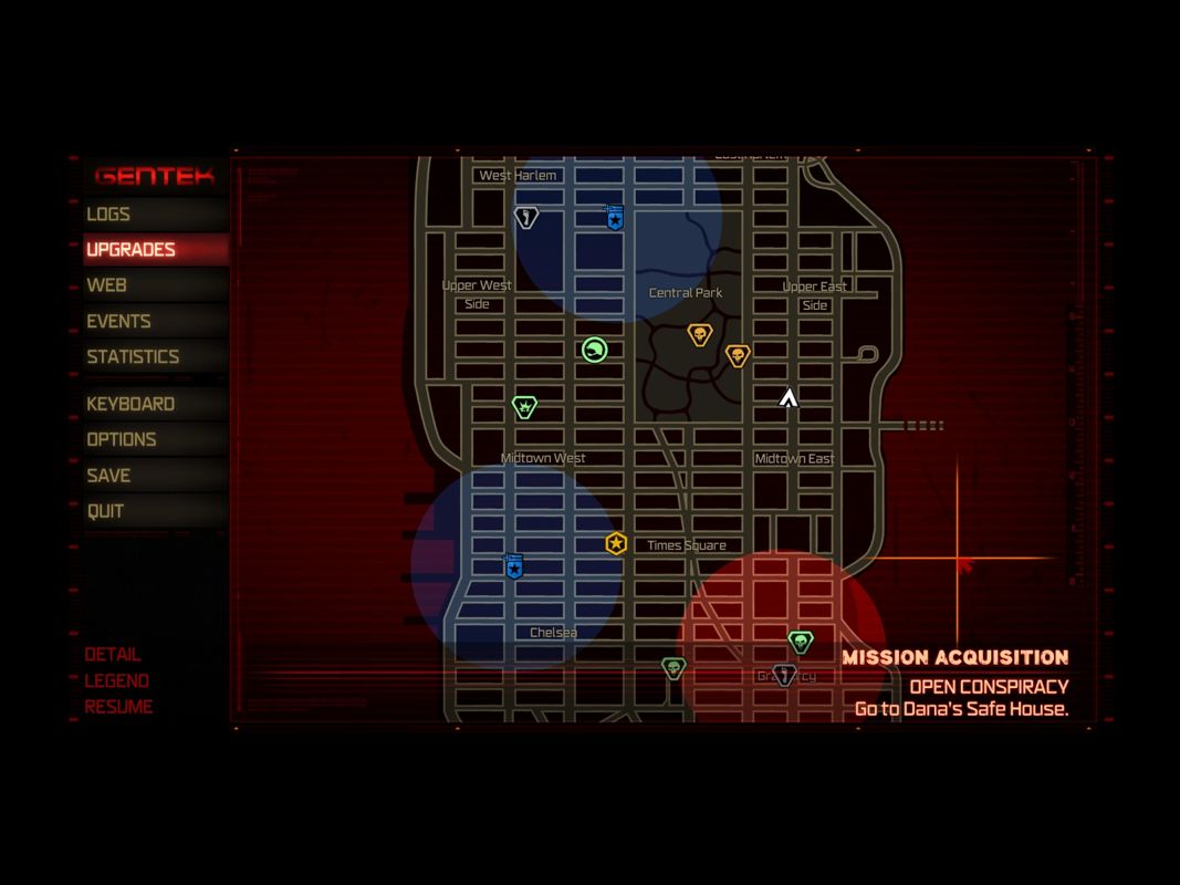 Prototype (Windows) screenshot: The overview map shows mini-game locations, military bases, hive buildings and of course the next story mission.