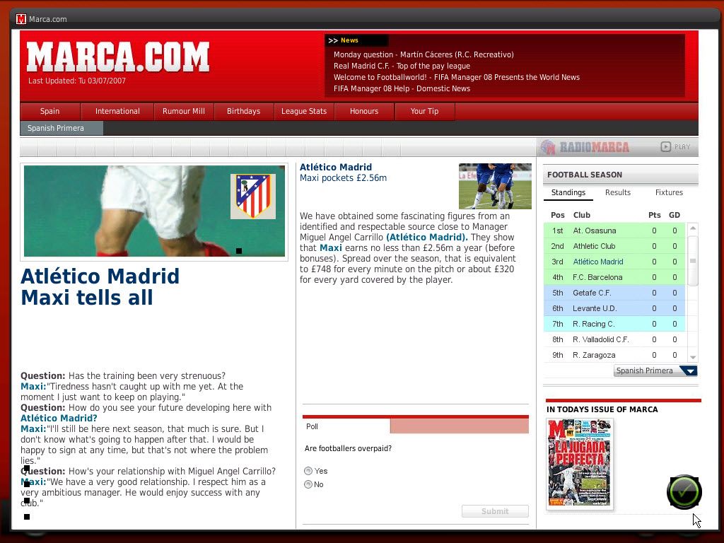 FIFA Manager 08 (Windows) screenshot: Each week you can read the sport newspaper from your country with the latest season news