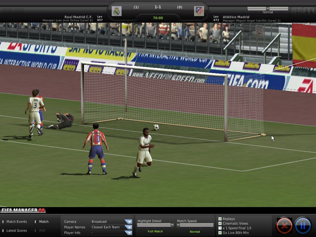 FIFA Manager 08 (Windows) screenshot: Zé Castro scores for Atletico de Madrid from a direct kick