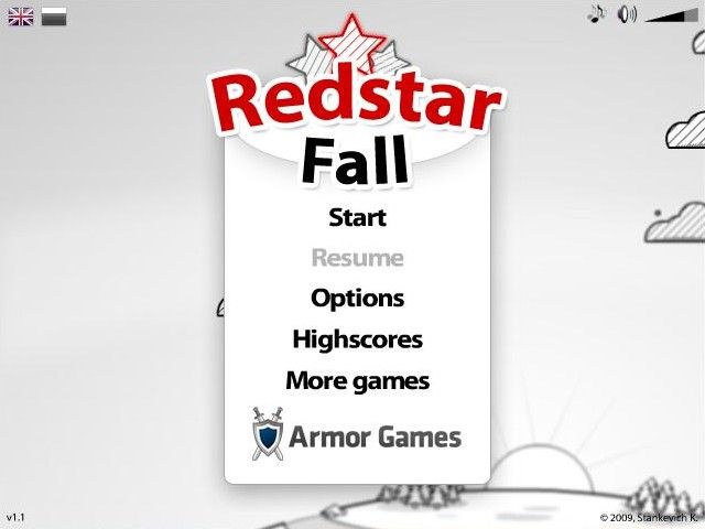 Redstar Fall (Browser) screenshot: Title screen and main menu