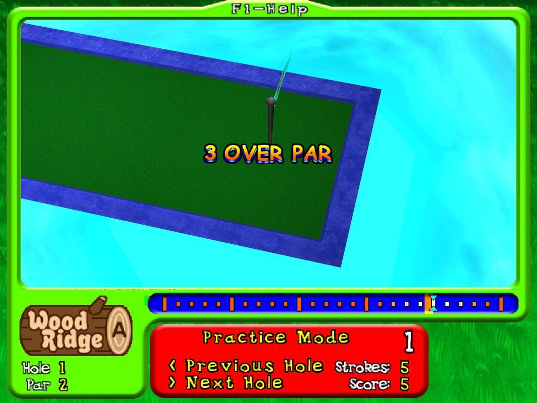 Mini Golf Master 2 (Windows) screenshot: When the ball finally goes down the hole the game displays the score. There may also be applause the enthusiasm of which depends upon whether the player was under or over par