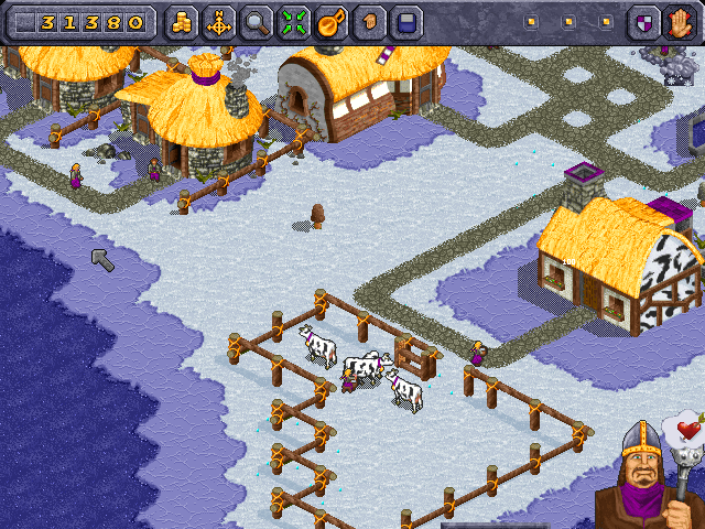 Beasts & Bumpkins (Windows) screenshot: Winter destroys your crops, you'd better have enough workers to harvest them in the Autumn. Note how the fence keeps cows from walking all over the map.