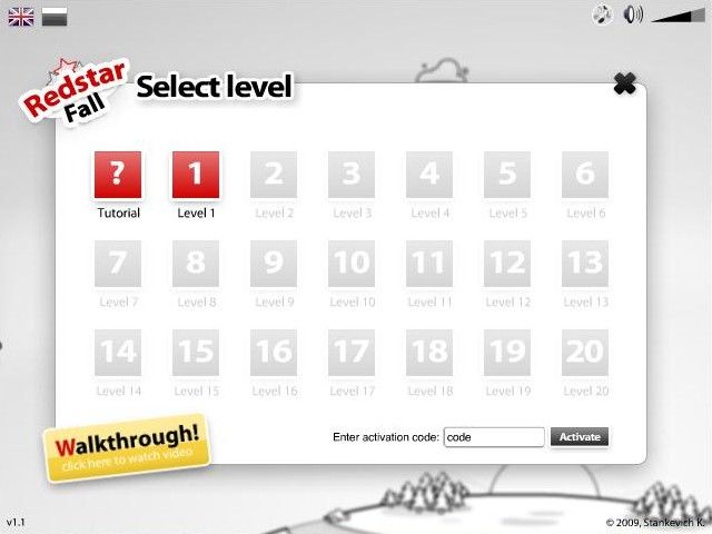 Redstar Fall (Browser) screenshot: Choose what level to start.