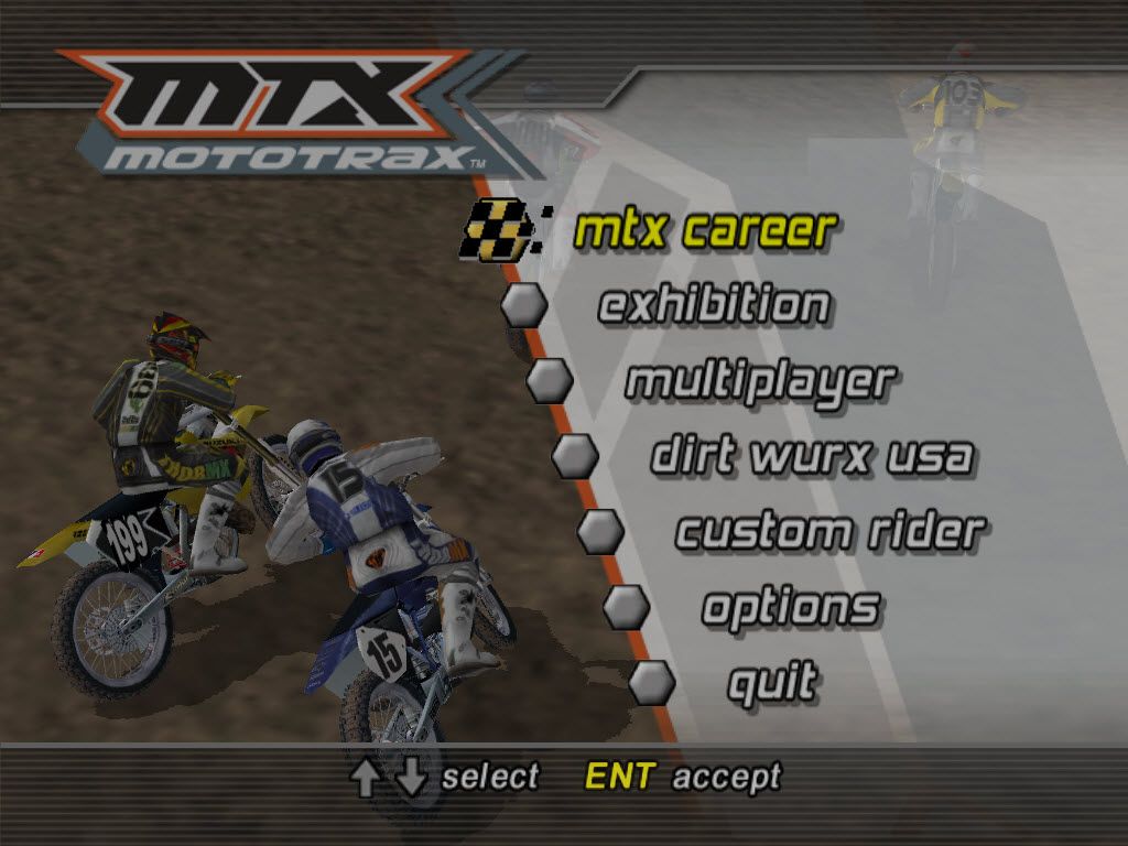 MTX Mototrax (Windows) screenshot: Title and main menu screen