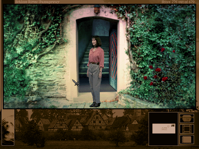 The Beast Within: A Gabriel Knight Mystery (DOS) screenshot: Secret backdoor to the castle. Nothing but roses here, though.
