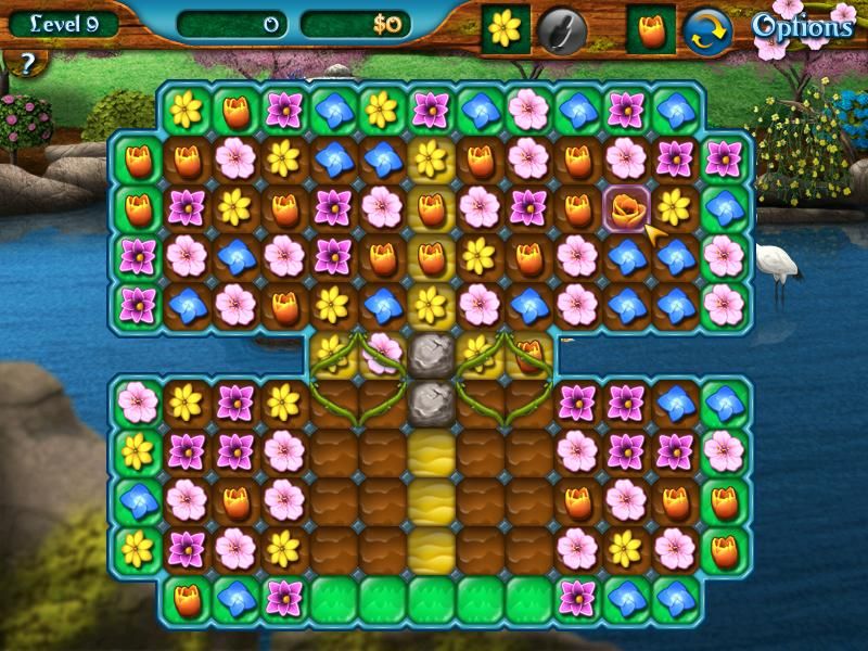 Flower Paradise (Windows) screenshot: The gold sand must be matched twice to turn it to grass.