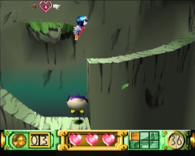 Klonoa: Door to Phantomile (PlayStation) screenshot: When in the air, jump again and you'll throw the enemy you're holding