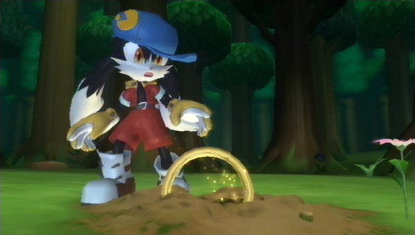 Klonoa (Wii) screenshot: Klonoa finds a huge ring buried in the forest