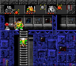 The Lost Vikings (SNES) screenshot: While Olaf shields off the laser, Baelog climbs the ladder.