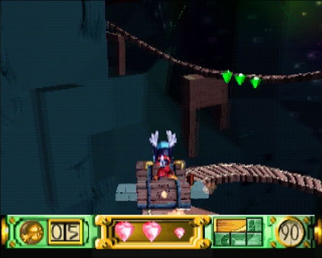 Klonoa: Door to Phantomile (PlayStation) screenshot: Riding down on a minecart