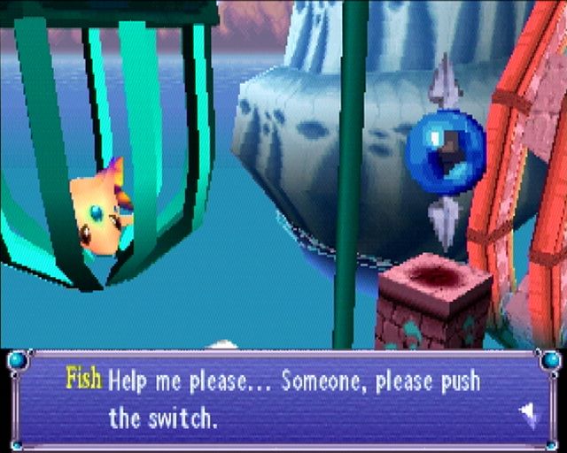 Klonoa: Door to Phantomile (PlayStation) screenshot: This fish is trapped in a cage