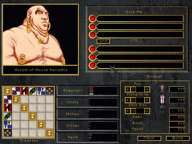 Emperor of the Fading Suns (Windows) screenshot: Diplomacy screen. The leader of House Decados.