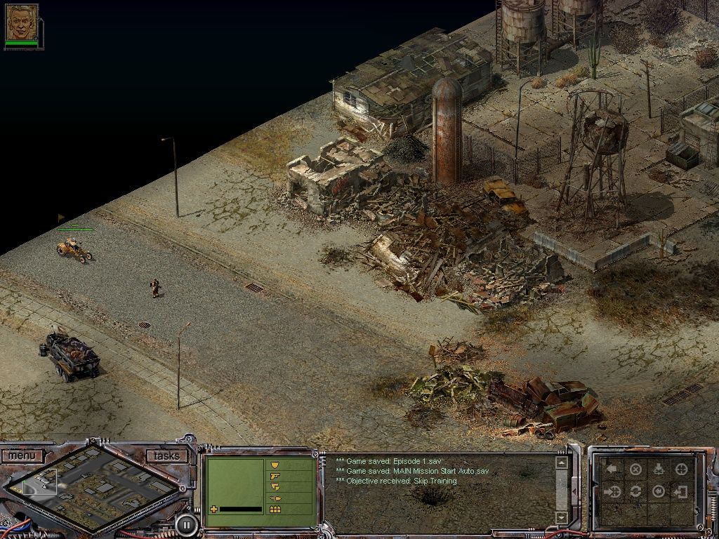 Desert Law (Windows) screenshot: The game begins. This is a post-apocalyptic world of crumbling cities and desolate wastes.