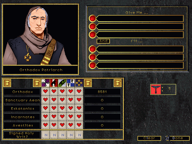 Emperor of the Fading Suns (Windows) screenshot: Diplomacy Screen. Communicating with the Church.