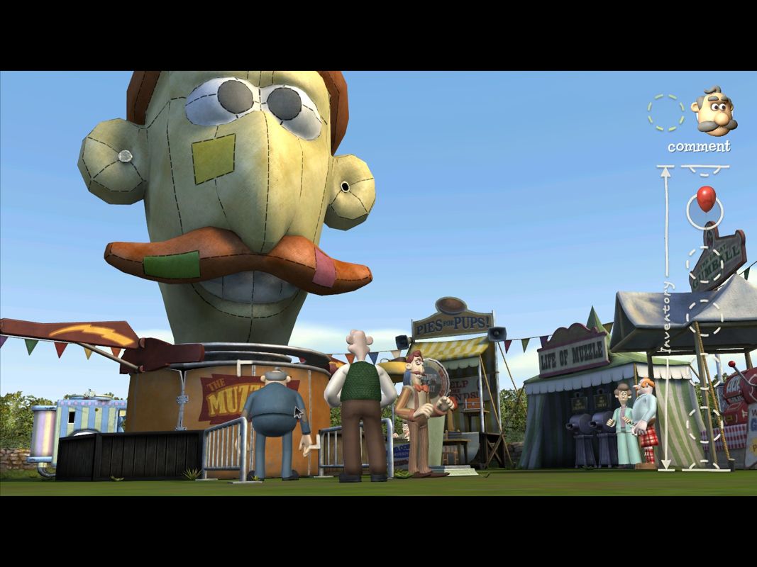 Wallace & Gromit in Muzzled! (Windows) screenshot: Looking for a way to get Major Crum on and P.C. Dibbins off the ride.