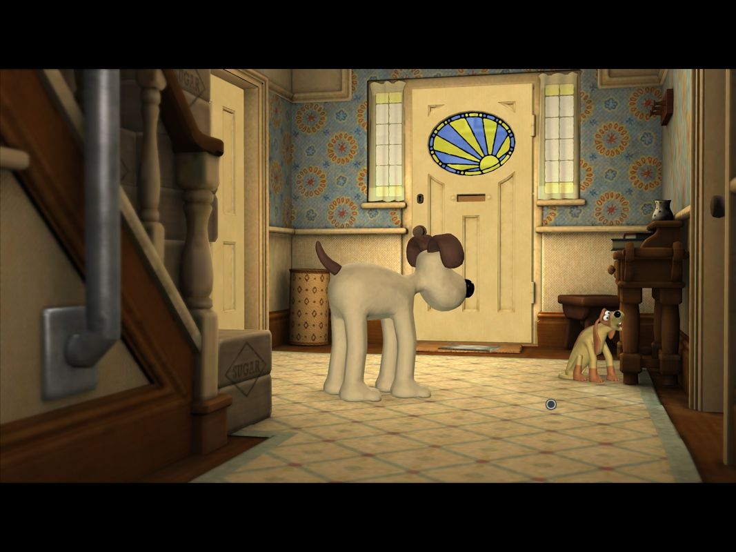Wallace & Gromit in Muzzled! (Windows) screenshot: Twitch gnawing on a table leg.