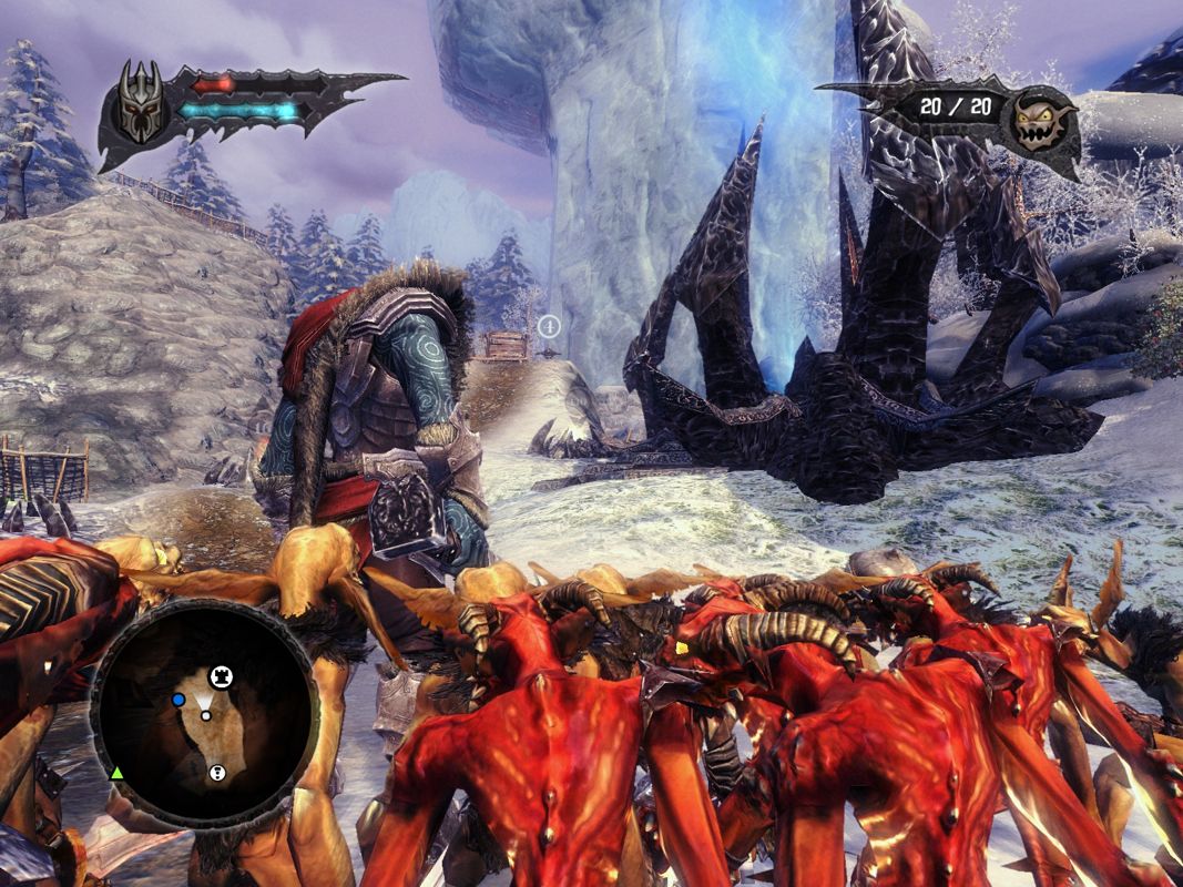 Overlord II (Windows) screenshot: In the back the goal and in front one angry horde of minions.