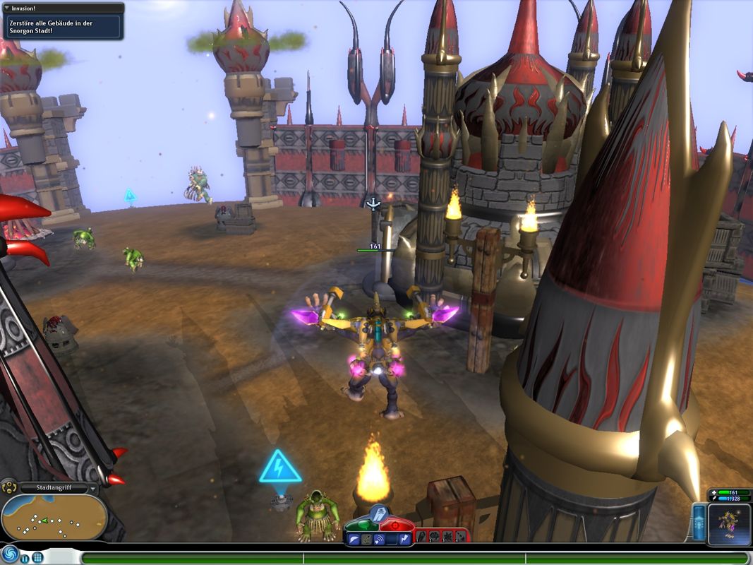 Spore: Galactic Adventures (Windows) screenshot: Attacking Snorgon City.