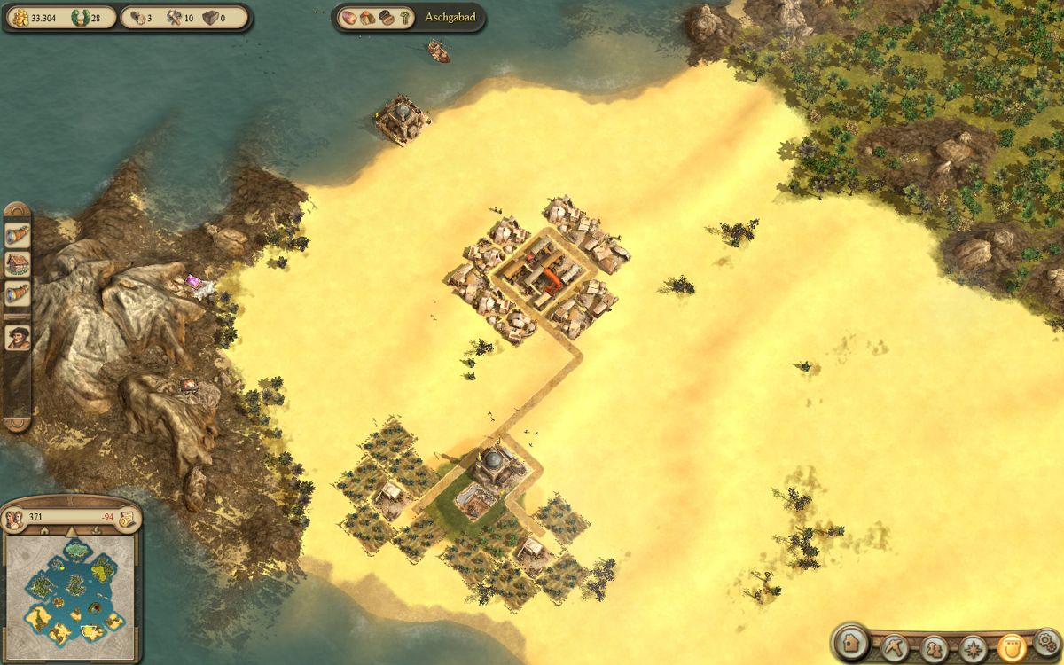 Dawn of Discovery (Windows) screenshot: Building up a new settlement in the desert.