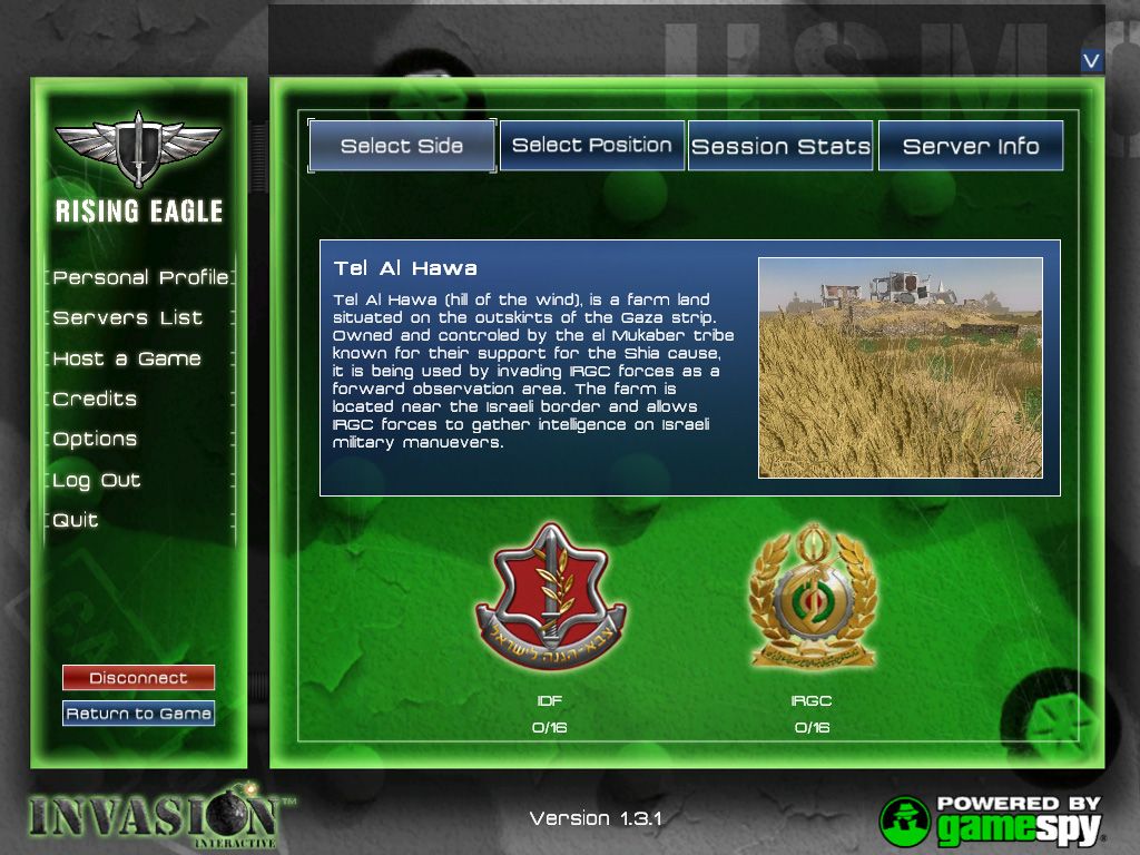 Rising Eagle: Futuristic Infantry Warfare (Windows) screenshot: Tel Al Hawa mission faction selection screen