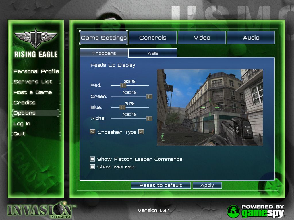 Rising Eagle: Futuristic Infantry Warfare (Windows) screenshot: Option panel let you modify a lot of game parameters