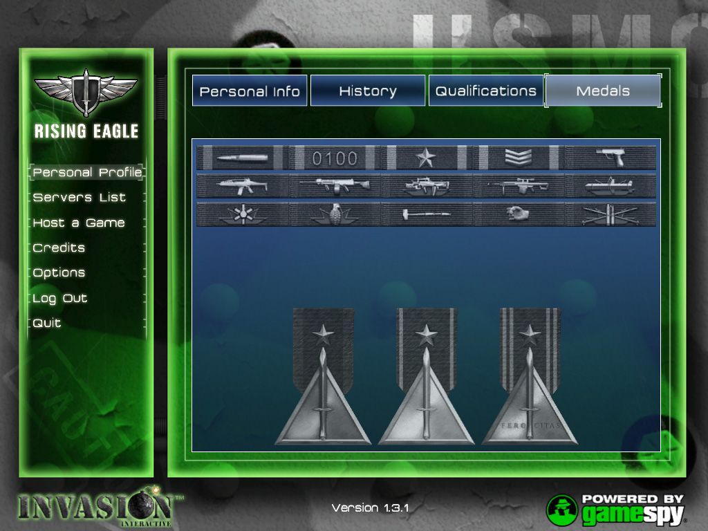 Rising Eagle: Futuristic Infantry Warfare (Windows) screenshot: Medal panel in personal profile menu