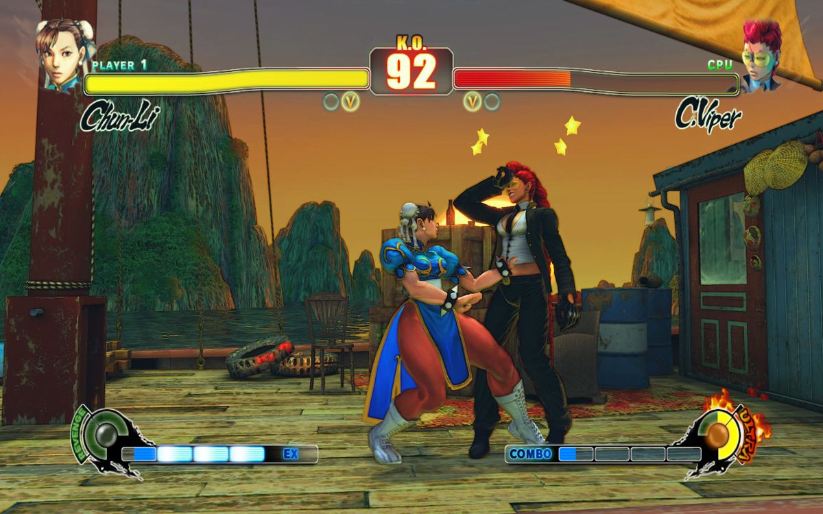 Street Fighter IV (Windows) screenshot: She's seeing stars.