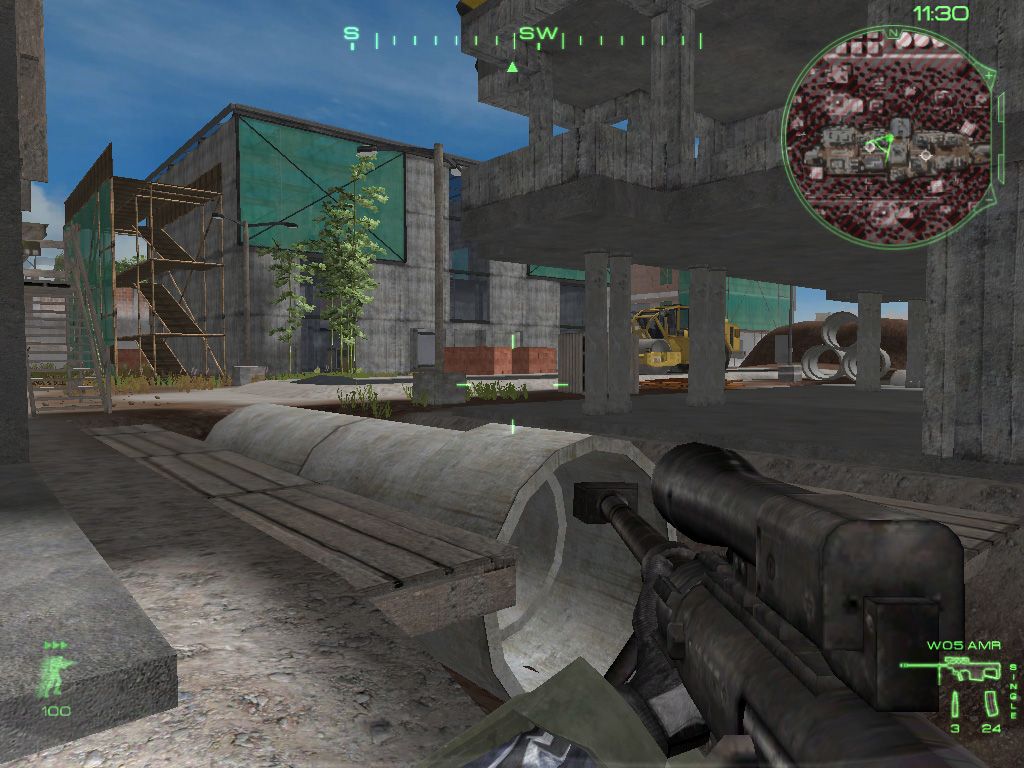 Rising Eagle: Futuristic Infantry Warfare (Windows) screenshot: In this map you can use the big pipes to travel safely across the battle area