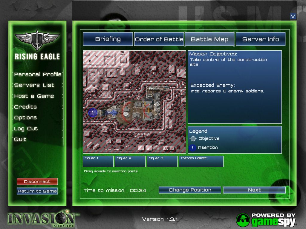 Rising Eagle: Futuristic Infantry Warfare (Windows) screenshot: Battle map on the briefing menu, with information about the mission
