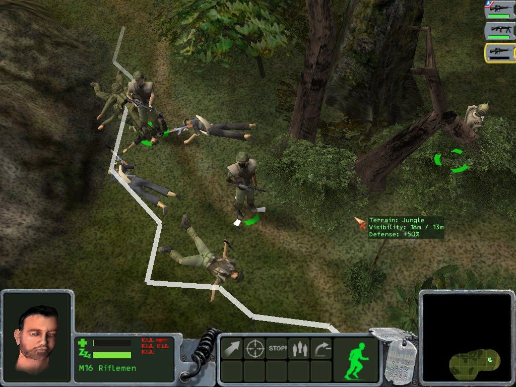 Platoon (Windows) screenshot: Some enemies cleared, you need to be careful with your soldiers, they don't shoot by default.