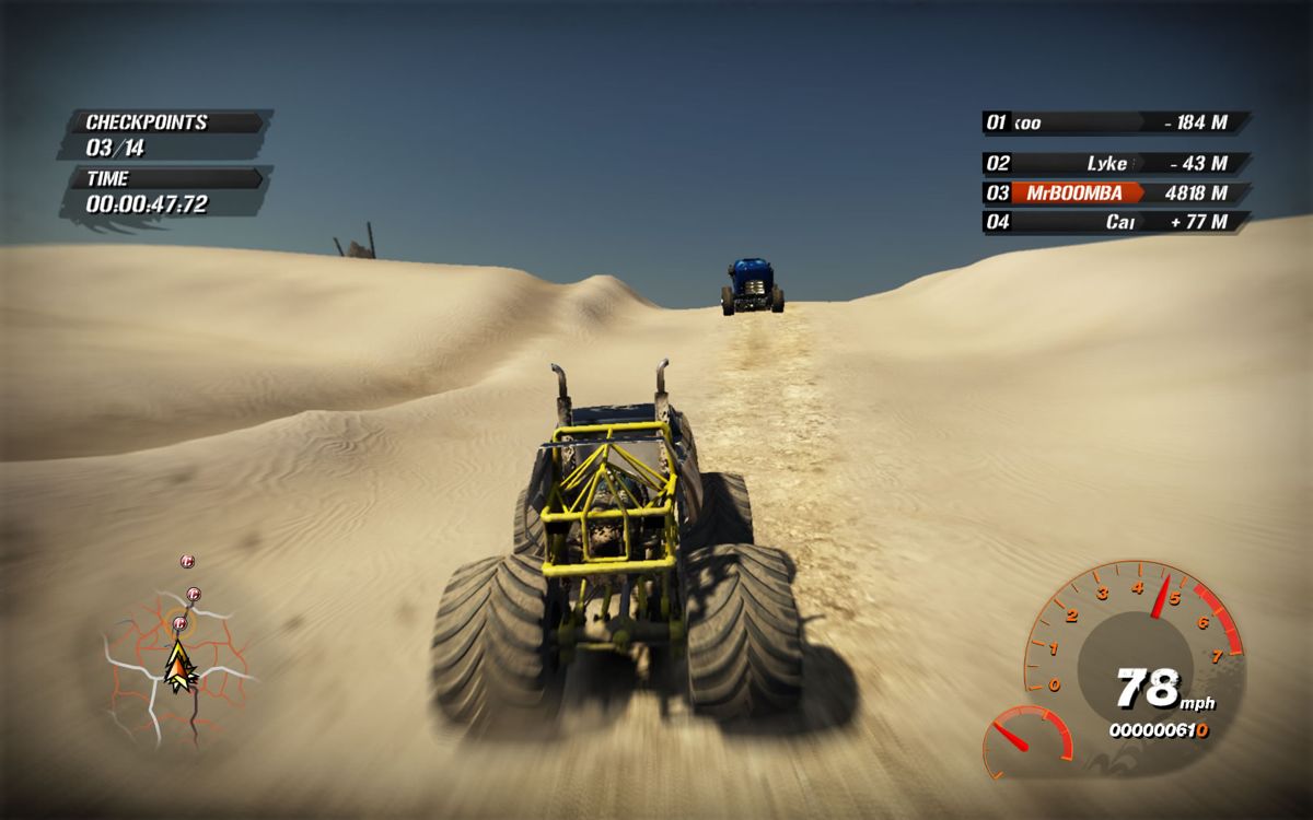 Fuel (Windows) screenshot: Monster trucks go very slow, but traverse easily through the desert.