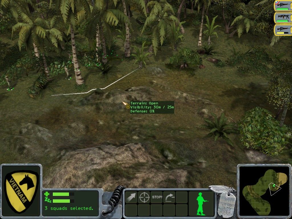 Platoon (Windows) screenshot: The jungles reduces the visibility, but gives a good defence.