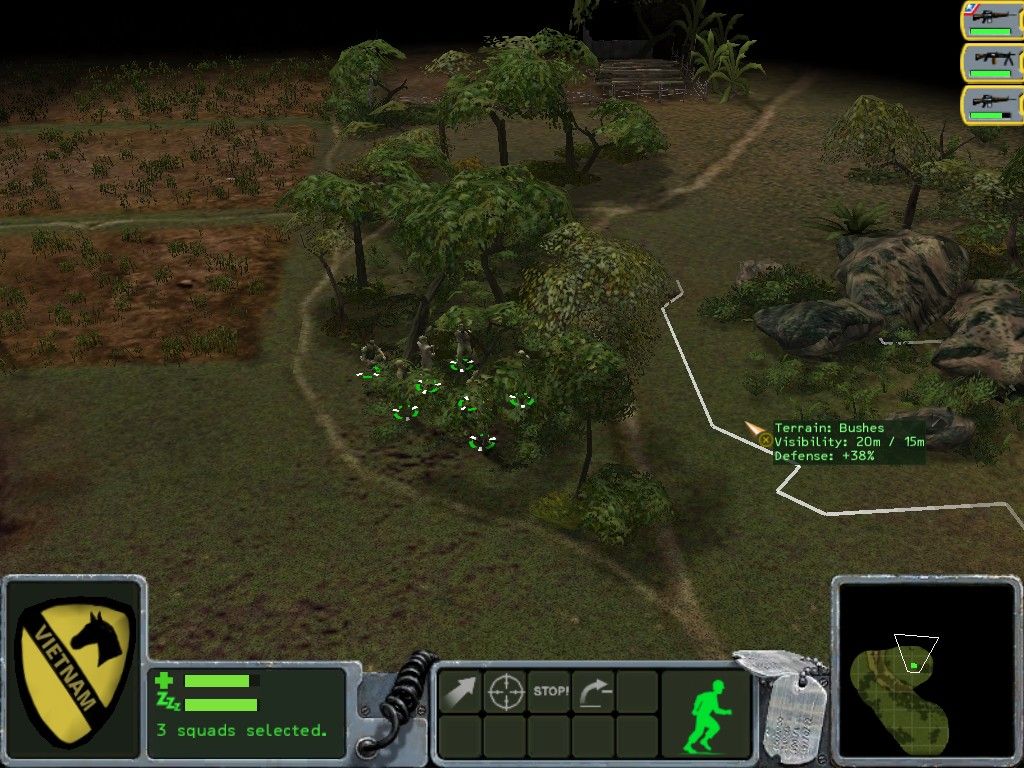 Platoon (Windows) screenshot: Bushes give a good defence value.
