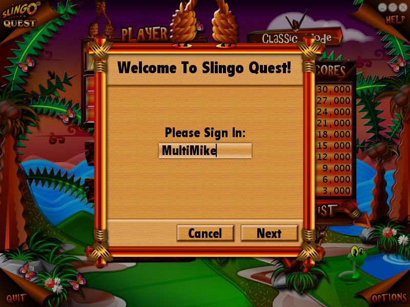 Slingo Quest (Windows) screenshot: Name entry