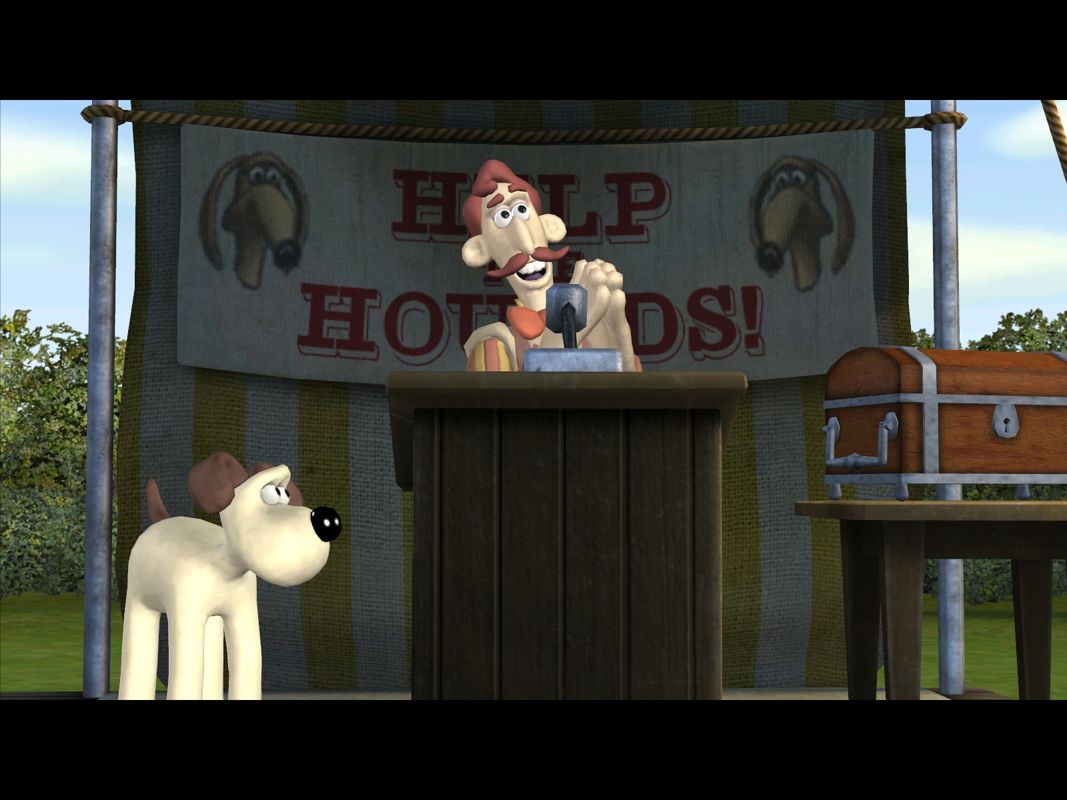 Wallace & Gromit in Muzzled! (Windows) screenshot: Announcing the start of the pie-eating-contest.