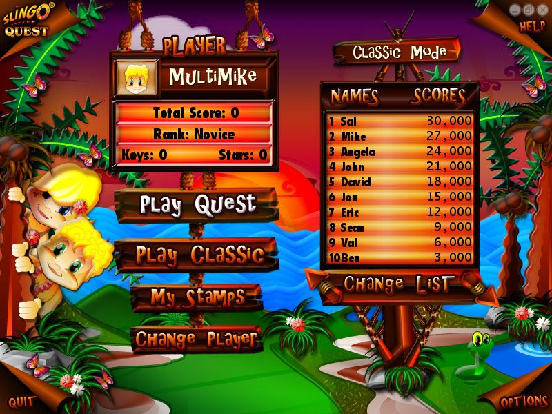 Slingo Quest (Windows) screenshot: Main menu