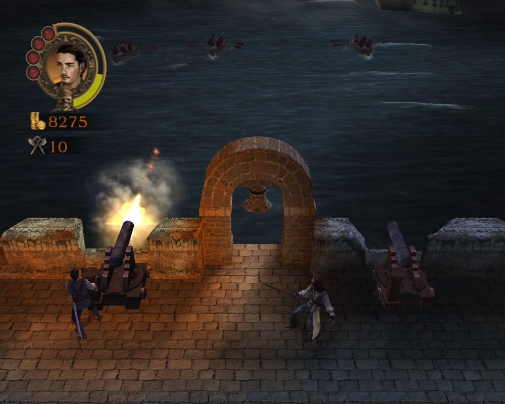 Pirates of the Caribbean: The Legend of Jack Sparrow (Windows) screenshot: On the terrace you need to stop the pirate boats from using the cannons.