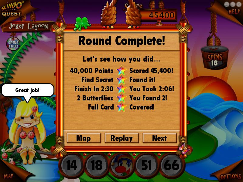 Slingo Quest (Windows) screenshot: Completed the round with flying colors