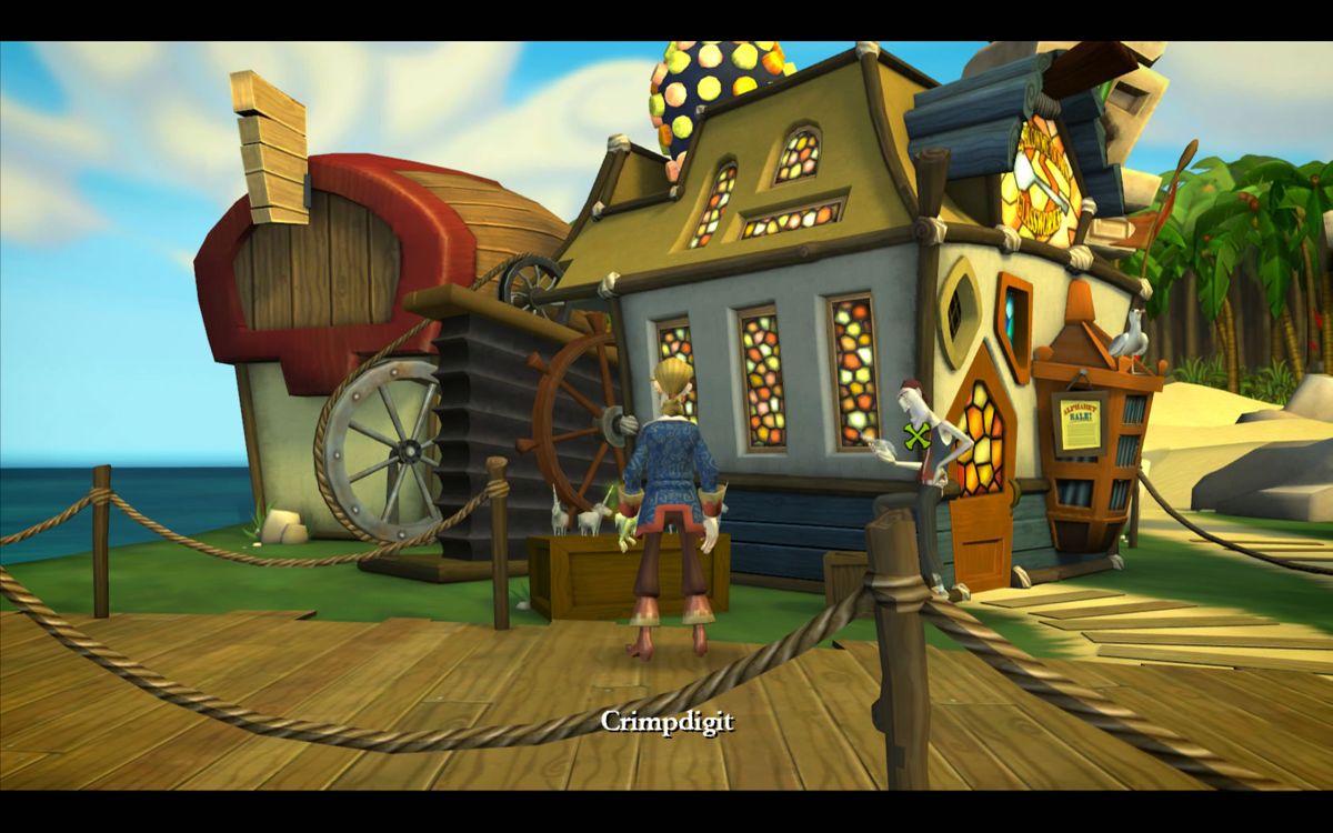 Tales of Monkey Island: Chapter 1 - Launch of the Screaming Narwhal (Windows) screenshot: Crimpdigit is a fearsome pirate that sells glass unicorns.