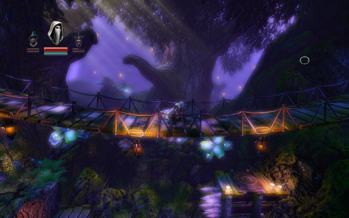 Trine (Windows) screenshot: Running over a bridge in a beatiful forest.