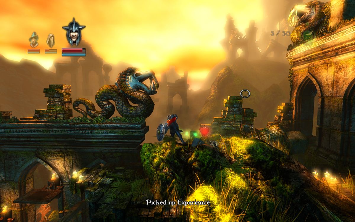 Trine (Windows) screenshot: The defeated skeleton leaves behind health and experience.