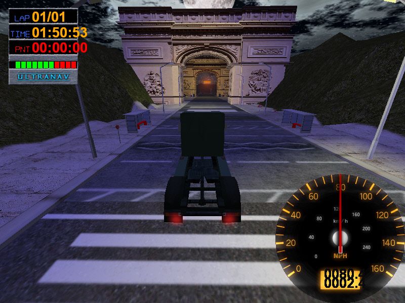 Big Rigs: Over the Road Racing (Windows) screenshot: Yes! Two "Arc de triomphes" from Paris, in the middle of nowhere!