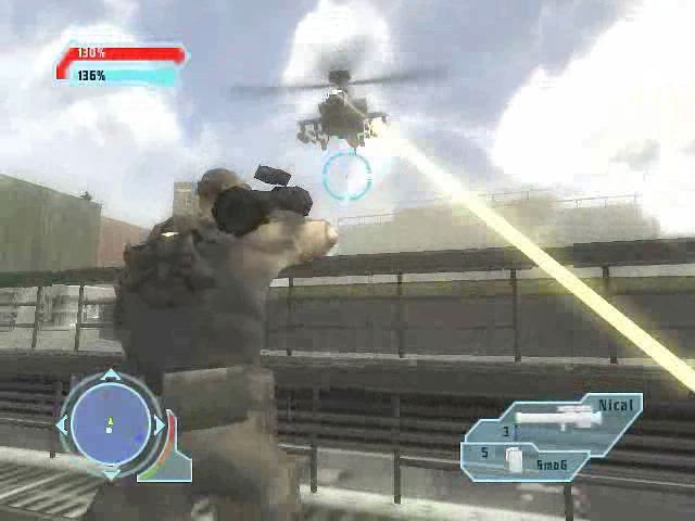 Special Forces: Nemesis Strike (PlayStation 2) screenshot: Raptor firing at an enemy chopper.
