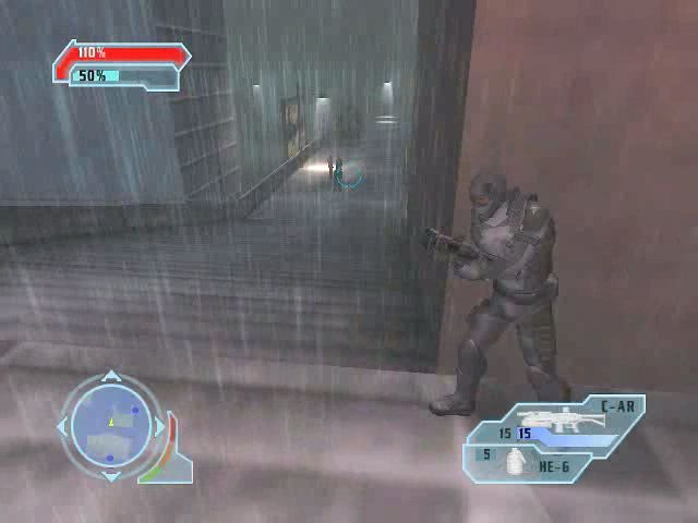 Special Forces: Nemesis Strike (PlayStation 2) screenshot: Stealth Owl using his LCD gun to fire while covered.