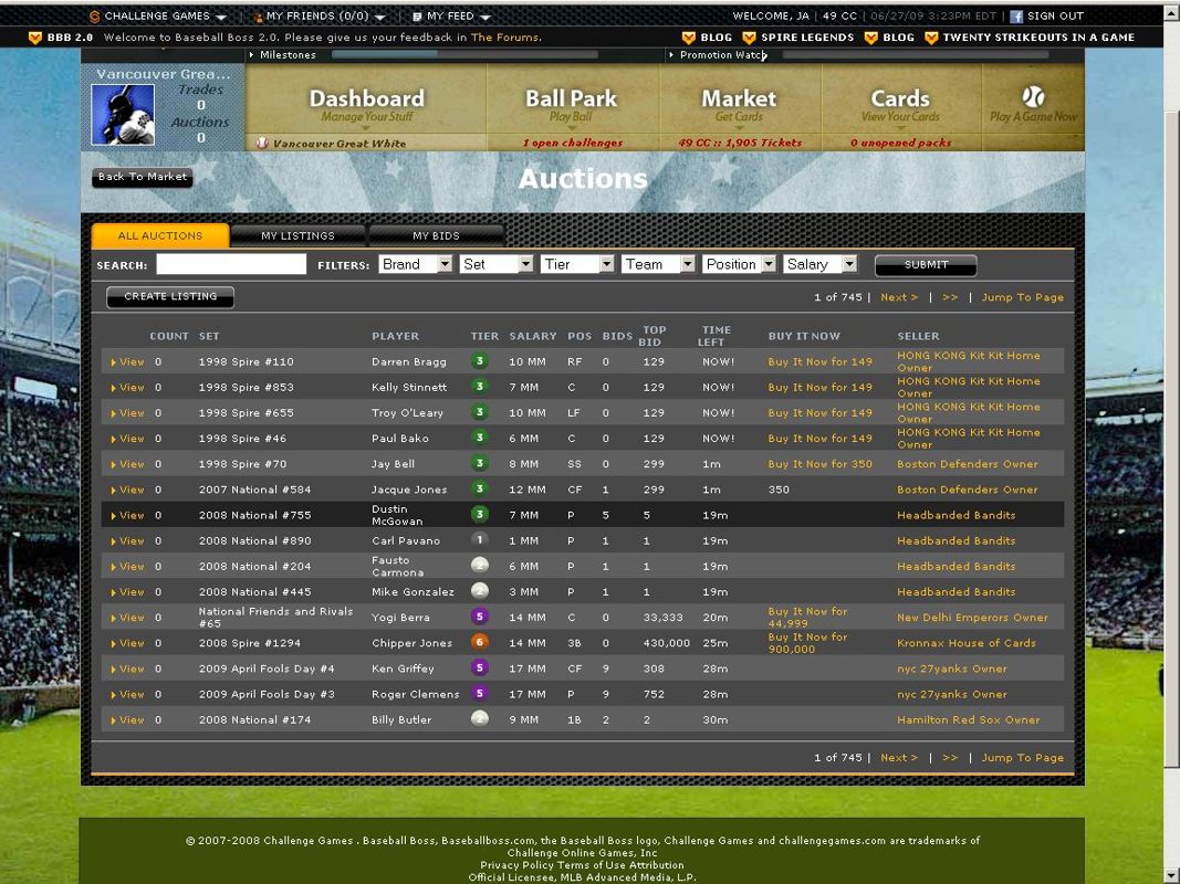 Baseball Boss (Browser) screenshot: The auction house, trading players.